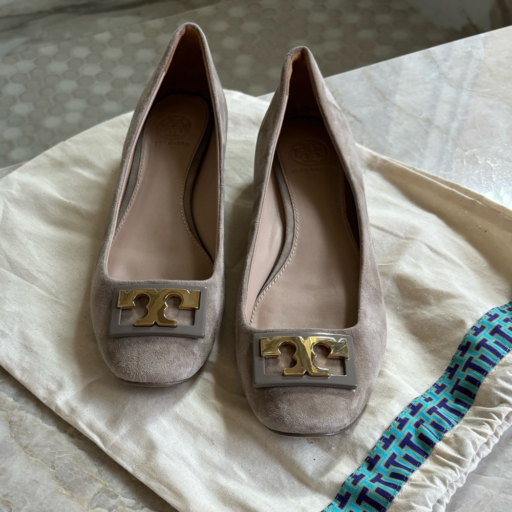 Tory Burch Taupe Suede Flats with Gold Logo Hardware
